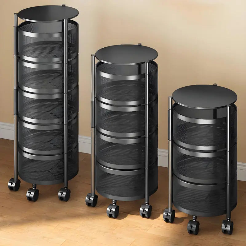 Movable Kitchen Storage Rack 3-5 Tier MeshOrganizer for Kitchen Bathroom & Office Space-Saving 360° Rotating Shelves for Spices FruitsVegetables Toiletries Black Carbon SteelTraditional Basket Smooth Baking No InstallationRequired